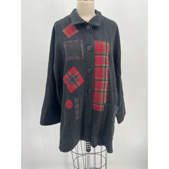 Beppa Unlined Wool Jacket Sz L Gray Red Patchwork Applique Lagenlook - Picture 1 of 6